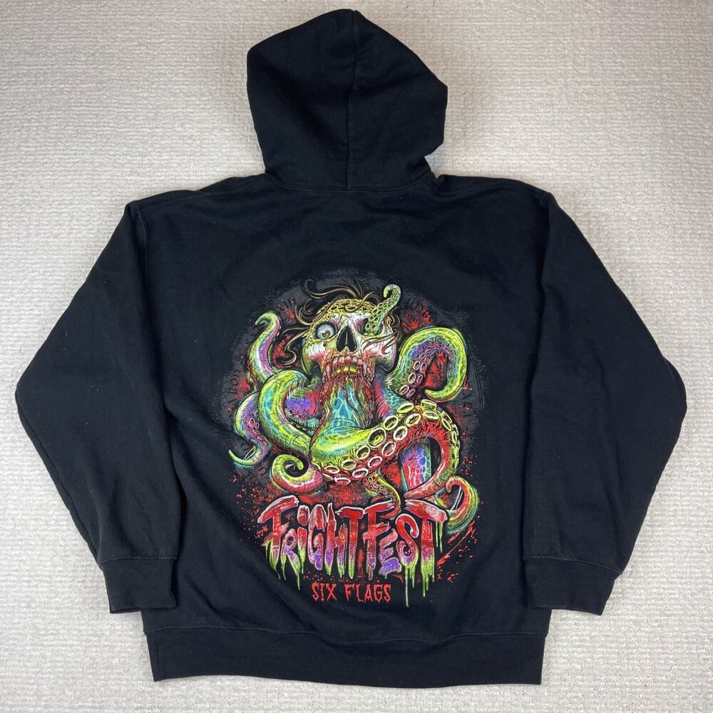 Six Flags Fright Fest Hoodie Men L Embossed Sweatshirt Zombie Octopus (Read)
